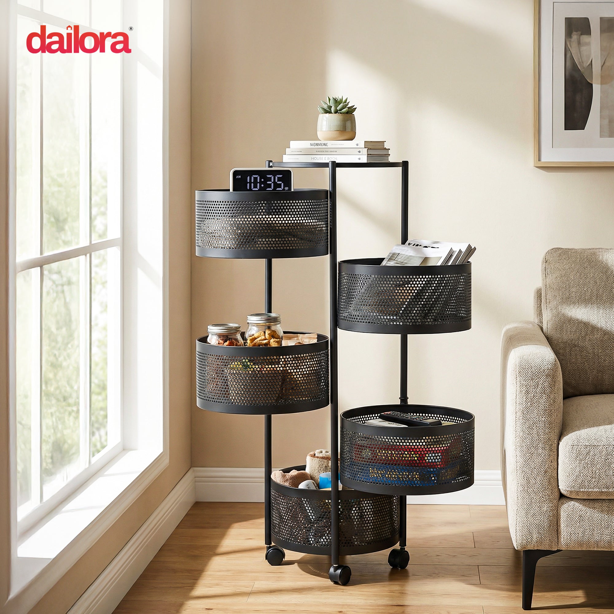 Dailora 5-Tier Round Rotating Kitchen Trolley with 360° Wheels