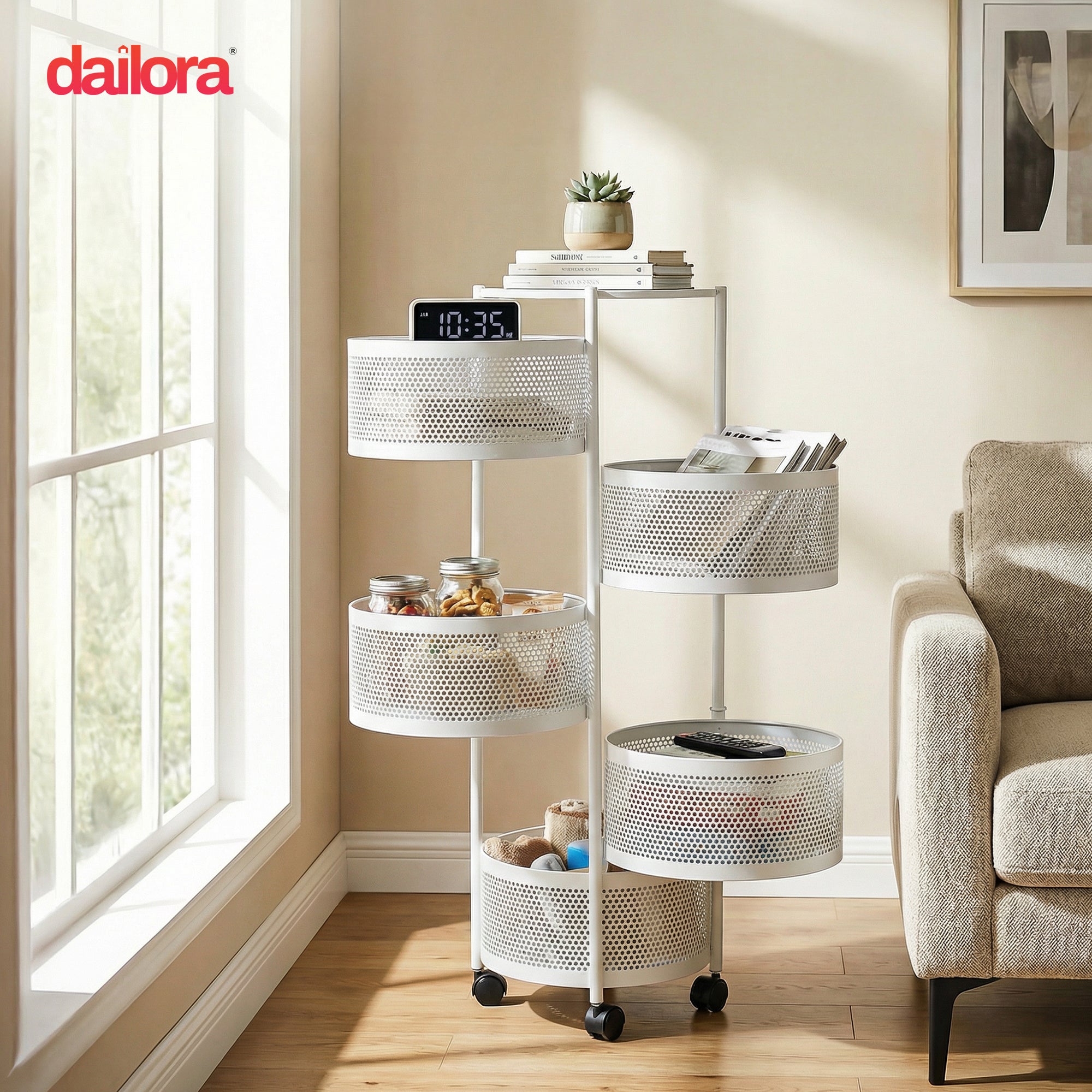 Dailora 5-Tier Round Rotating Kitchen Trolley with 360° Wheels