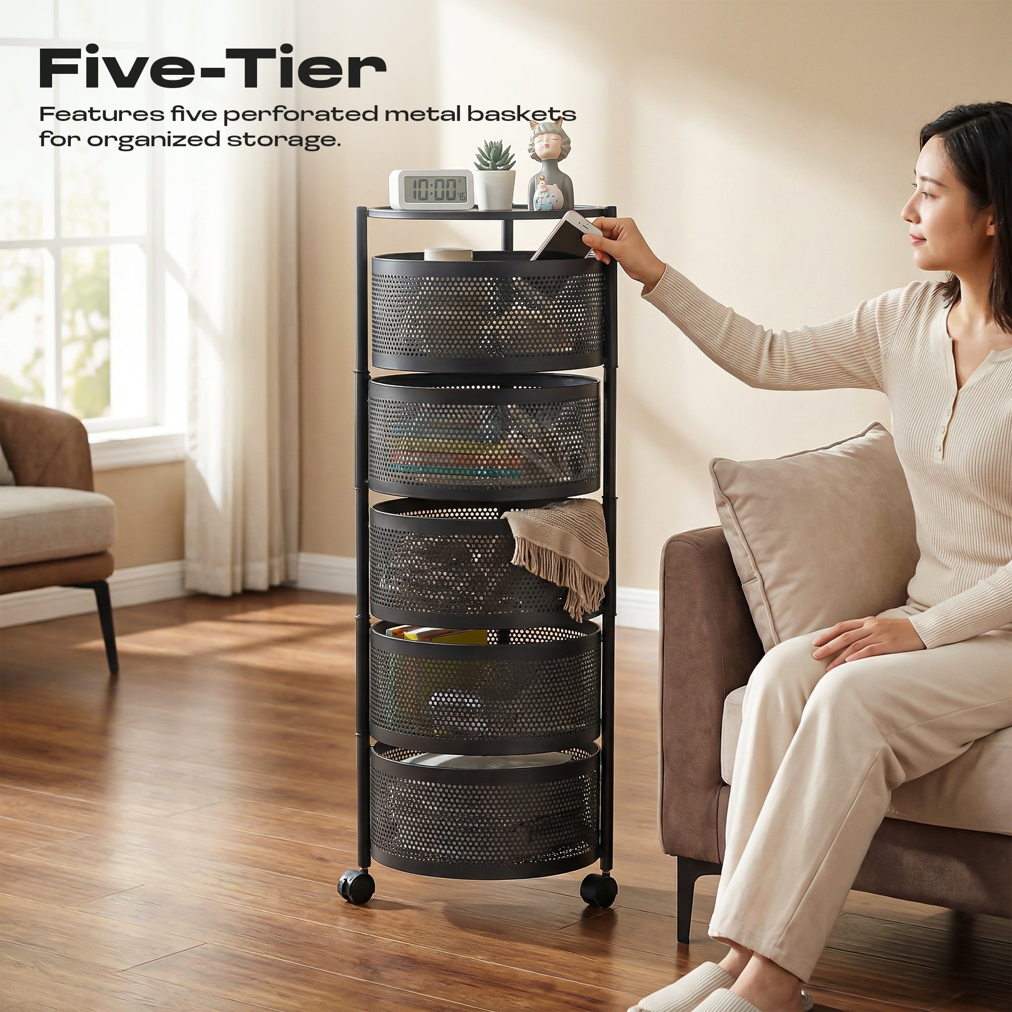 Dailora 5-Tier Round Rotating Kitchen Trolley with 360° Wheels