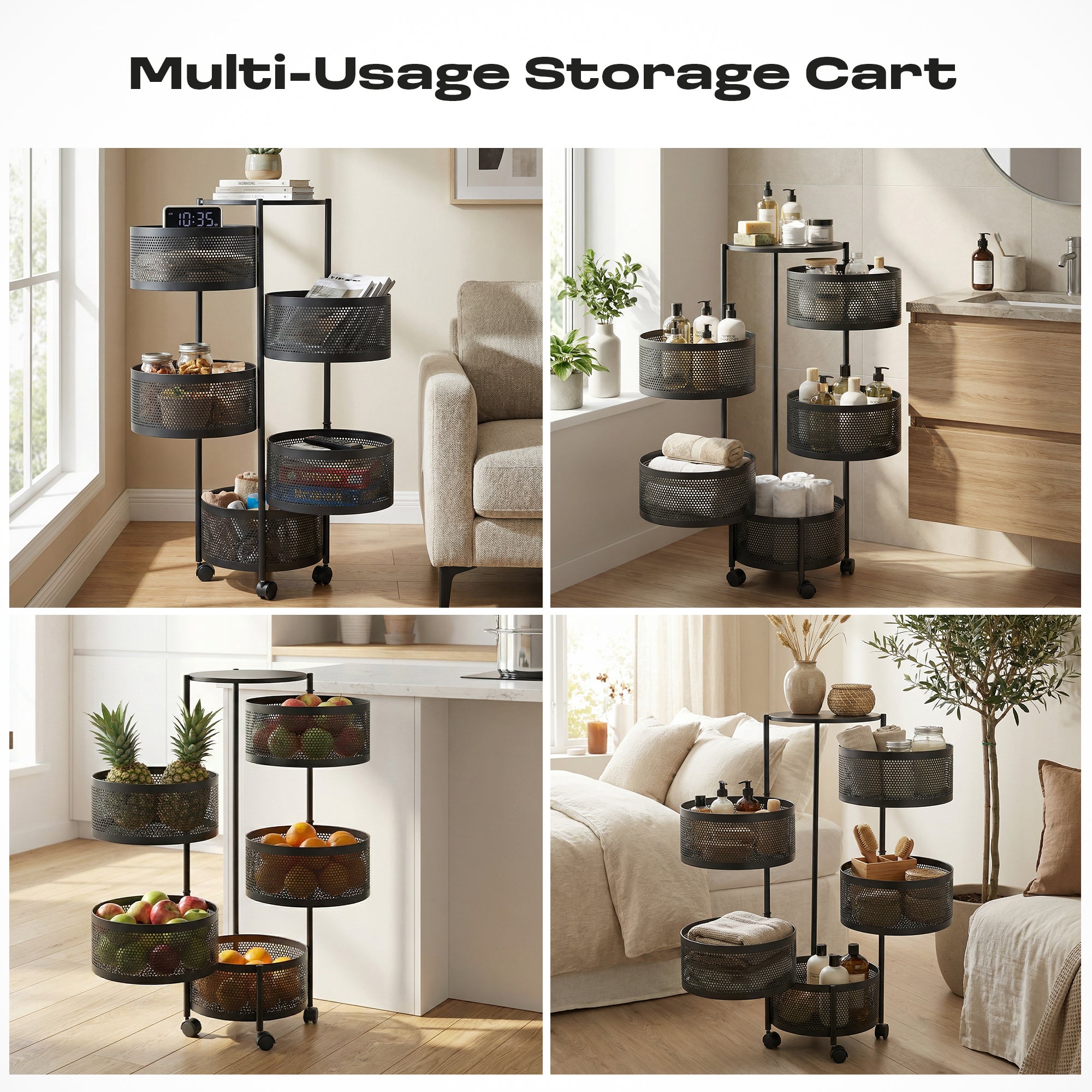 Dailora 5-Tier Round Rotating Kitchen Trolley with 360° Wheels