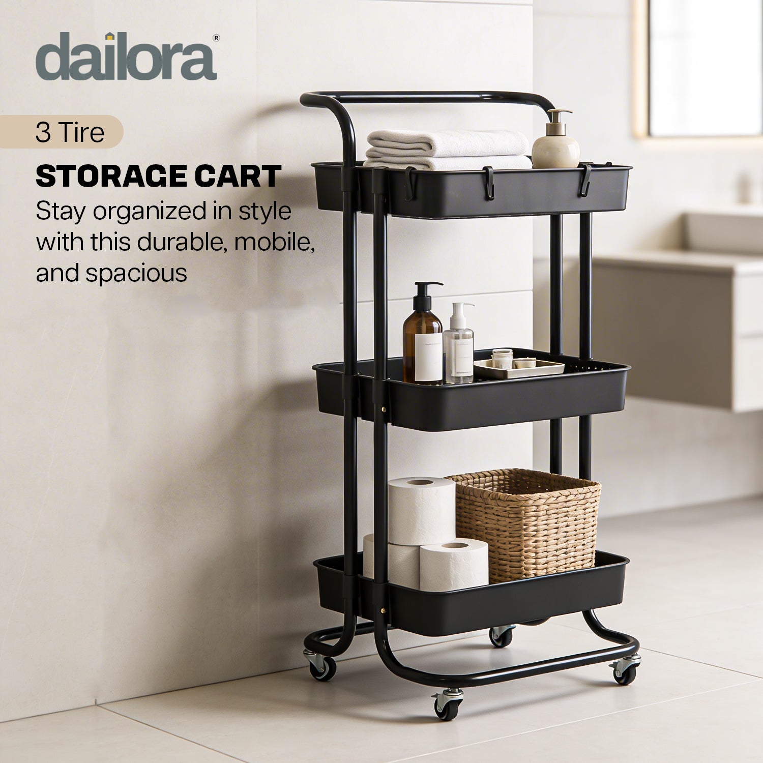 Dailora 3-Tier Multipurpose Trolley with 360° Lockable Wheels