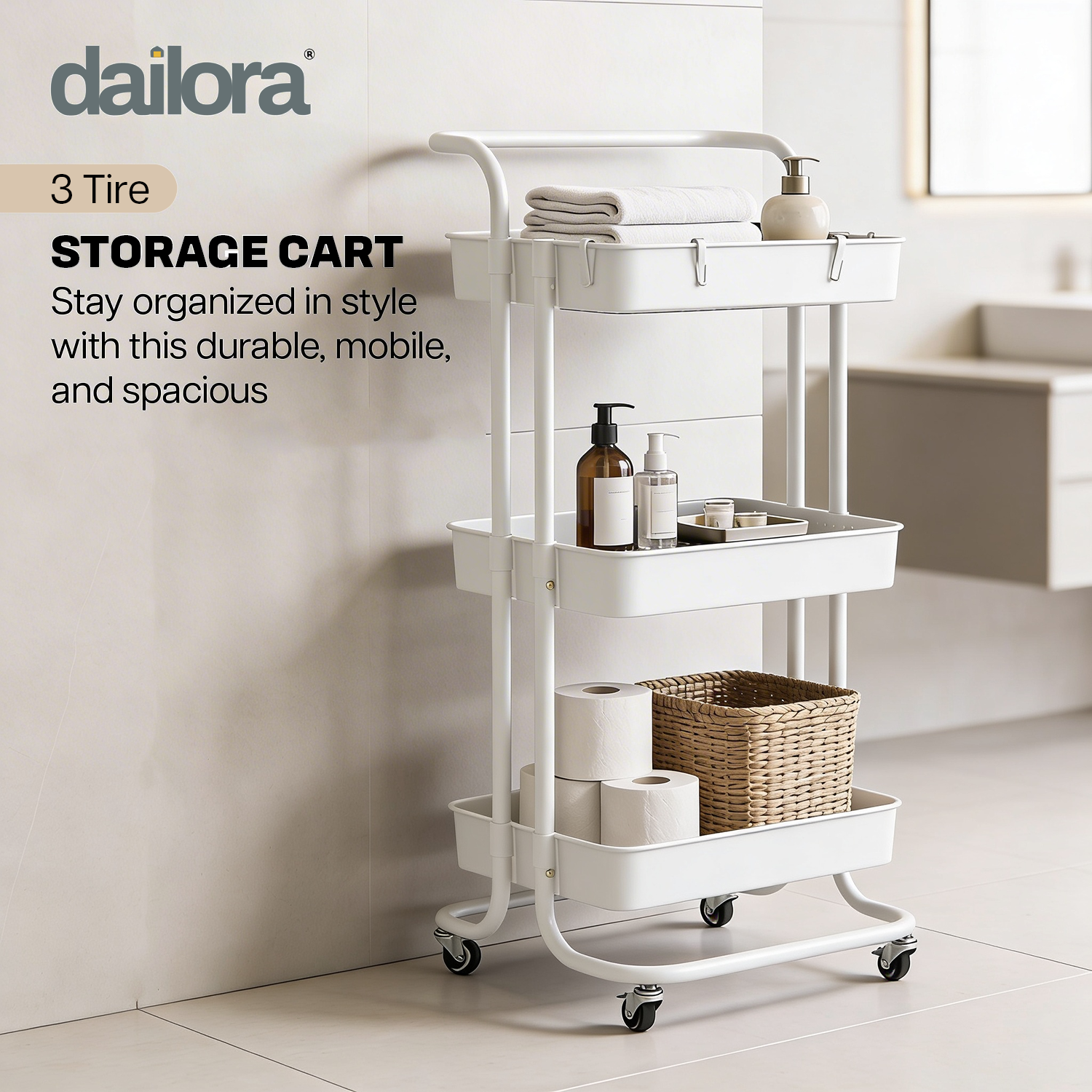 Dailora 3-Tier Multipurpose Trolley with 360° Lockable Wheels