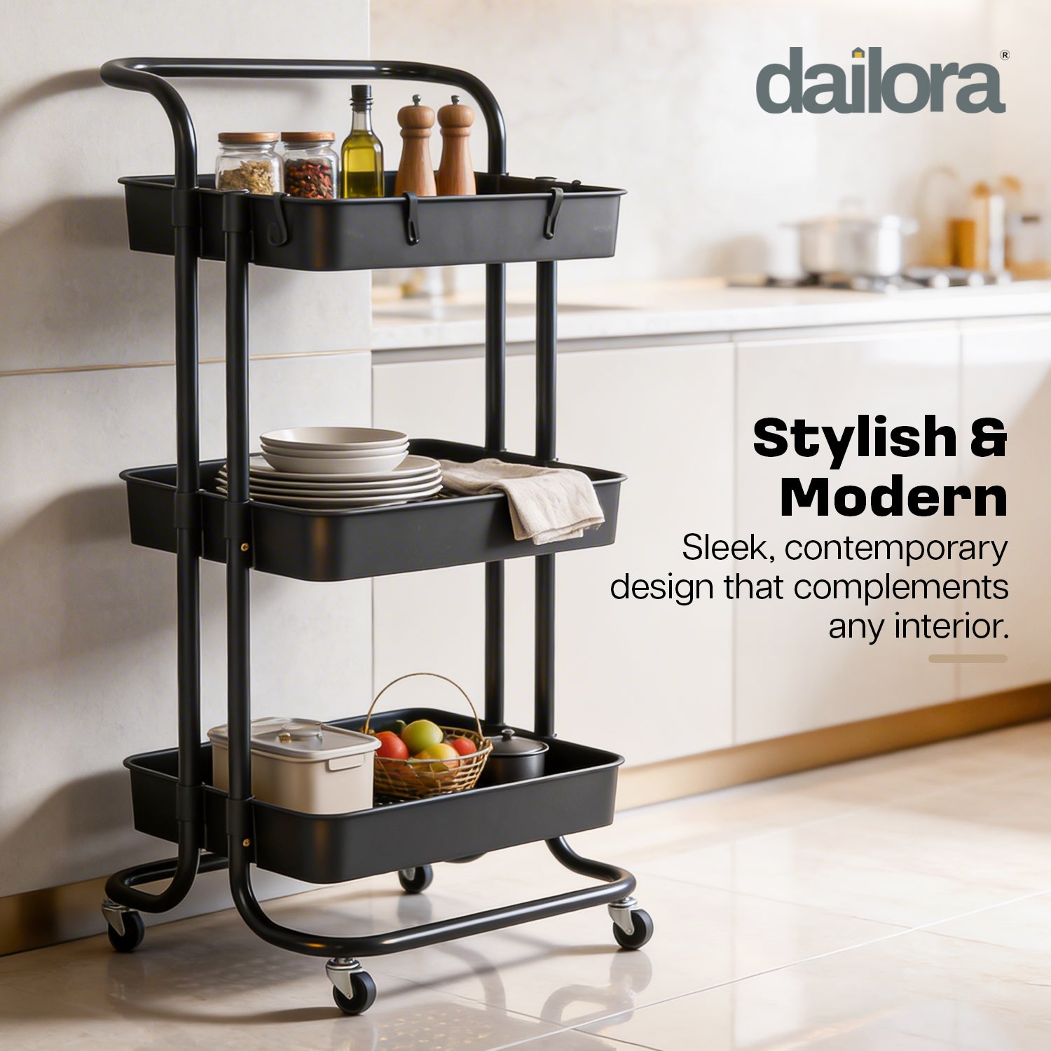 Dailora 3-Tier Multipurpose Trolley with 360° Lockable Wheels