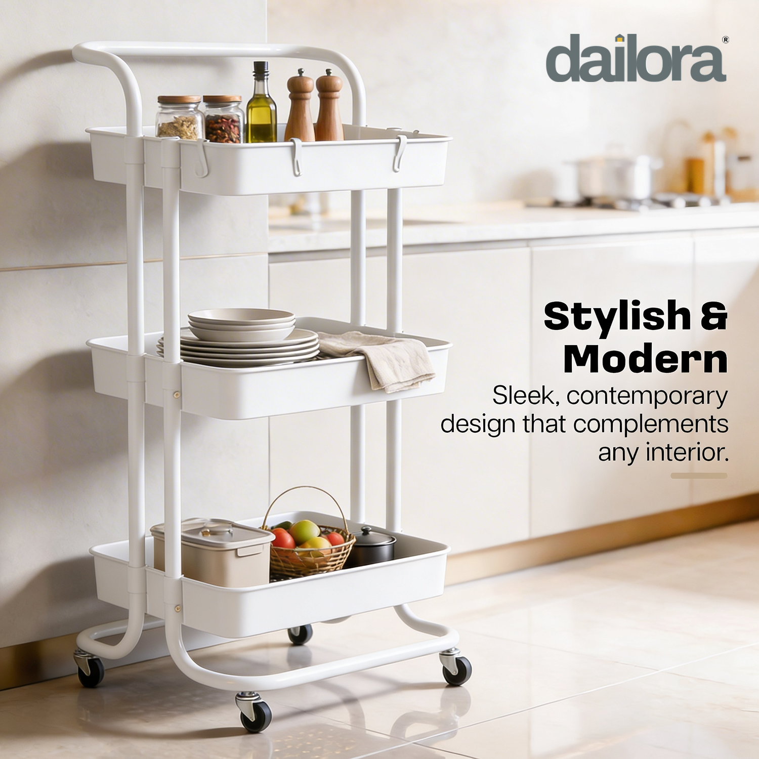 Dailora 3-Tier Multipurpose Trolley with 360° Lockable Wheels