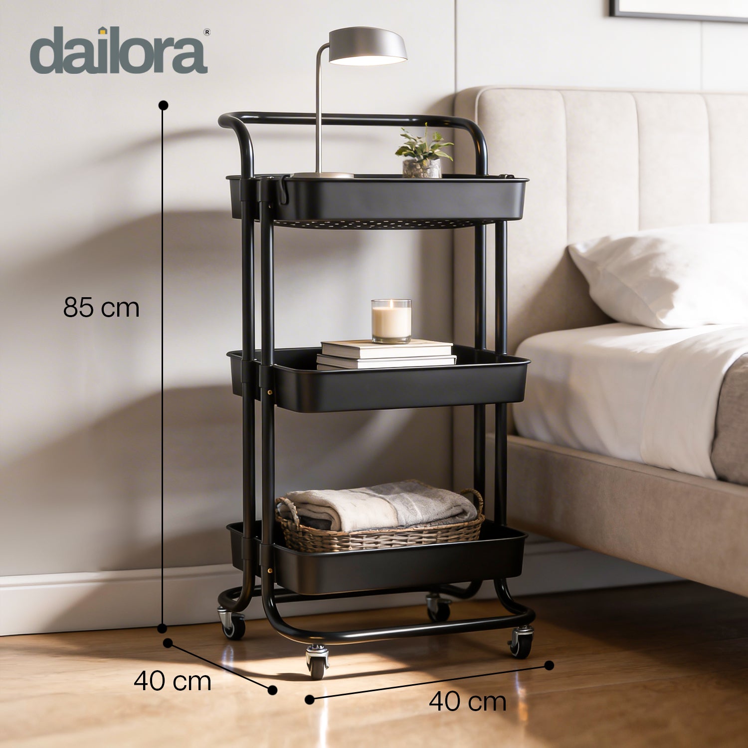 Dailora 3-Tier Multipurpose Trolley with 360° Lockable Wheels