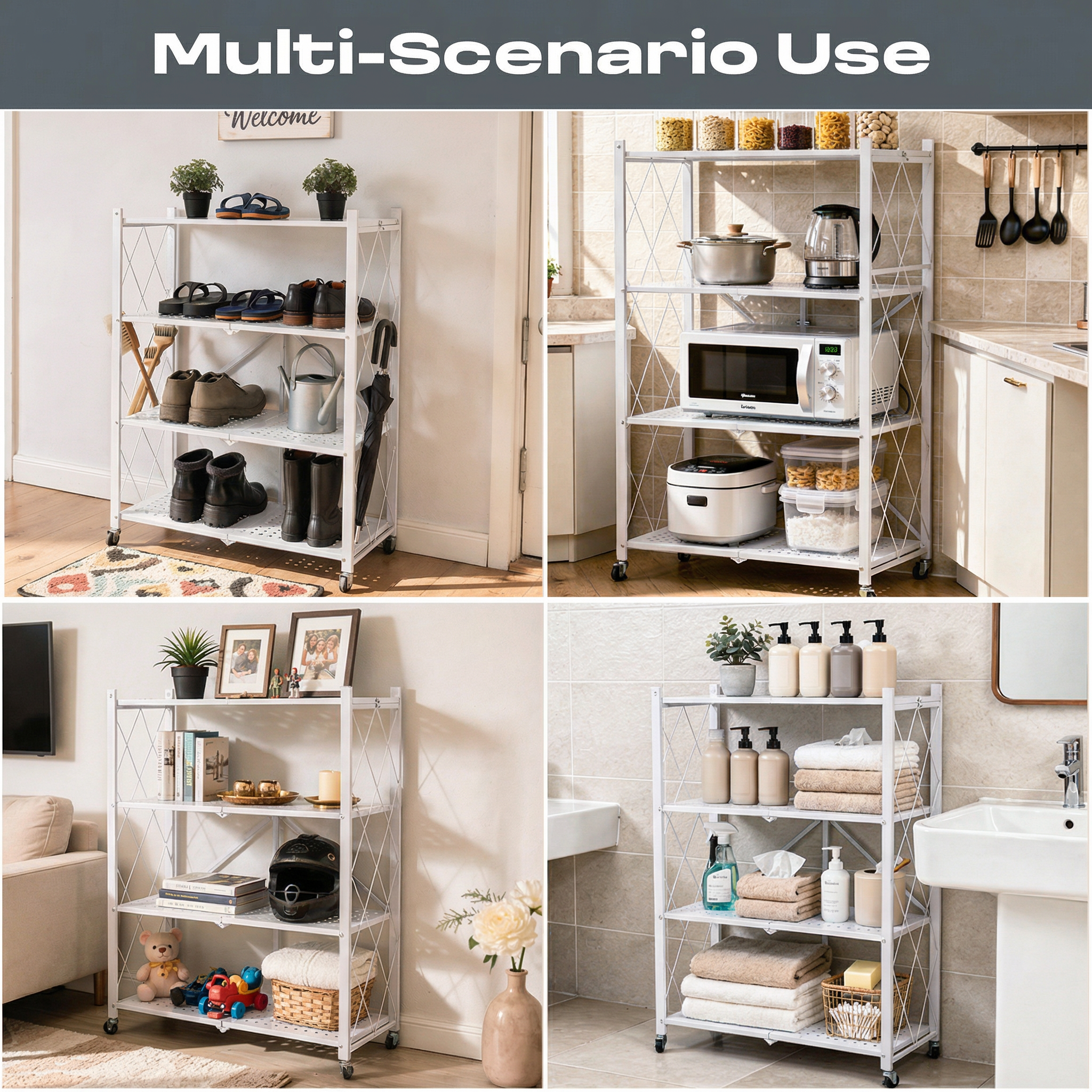 Dailora Multipurpose Foldable Kitchen Storage Rack with Wheels Rack for Home, Office & Garage