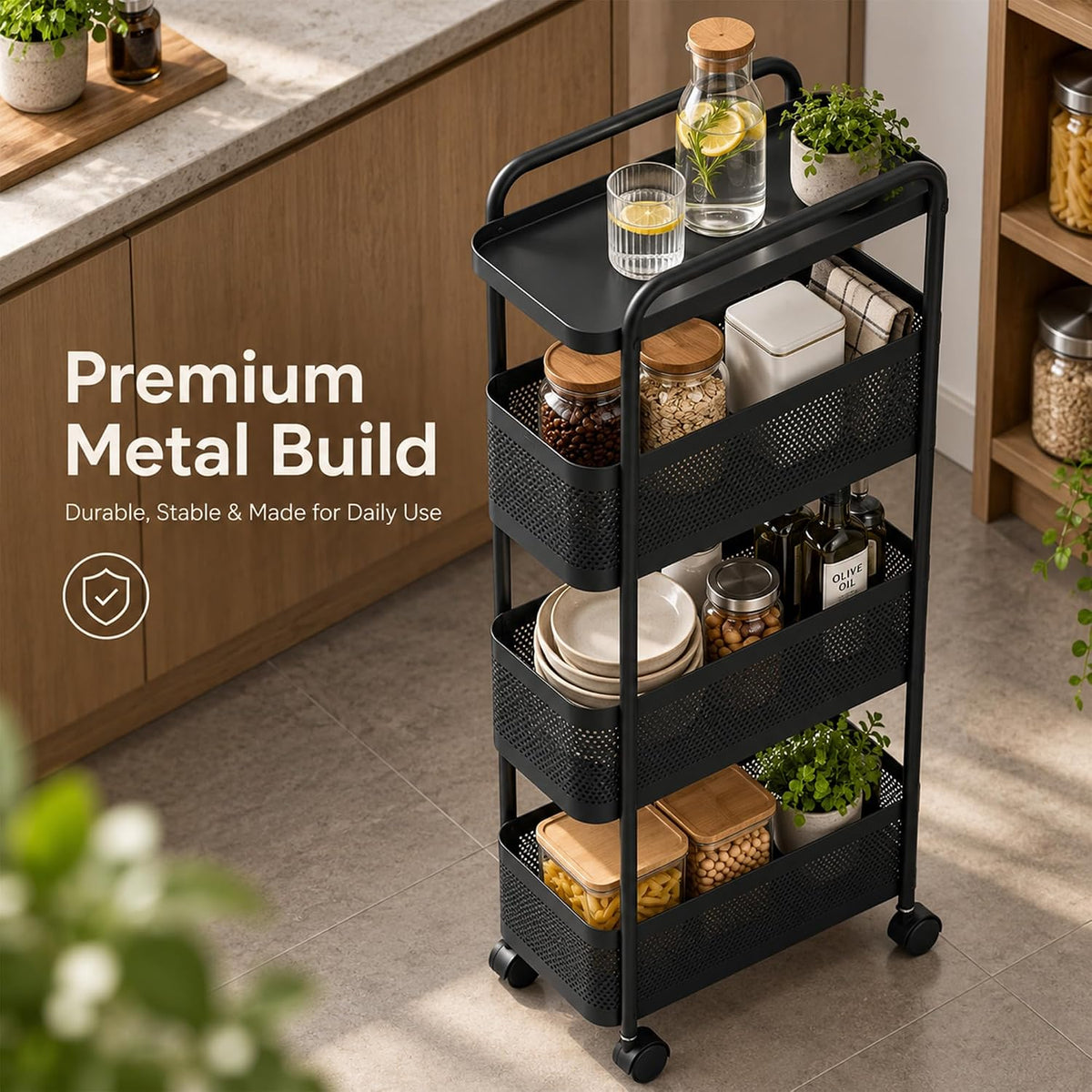 4-Tier Carbon Steel Trolley with Handle