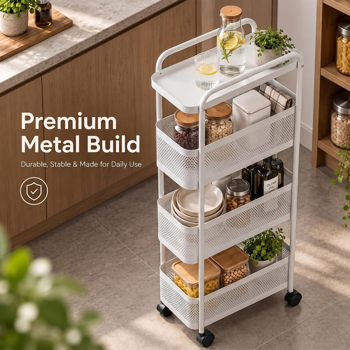 4-Tier Carbon Steel Trolley with Handle