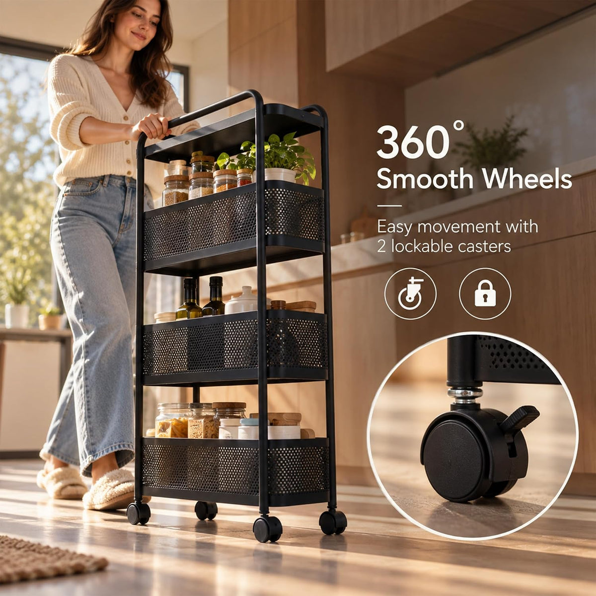 Kitchen Storage Organizer Rack with 360° Lockable Wheels 